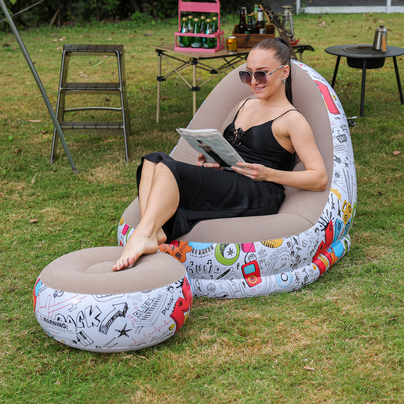 Outdoor Camping Table And Chairs - 1PC Inflatable Lounger Chair with Ottoman,