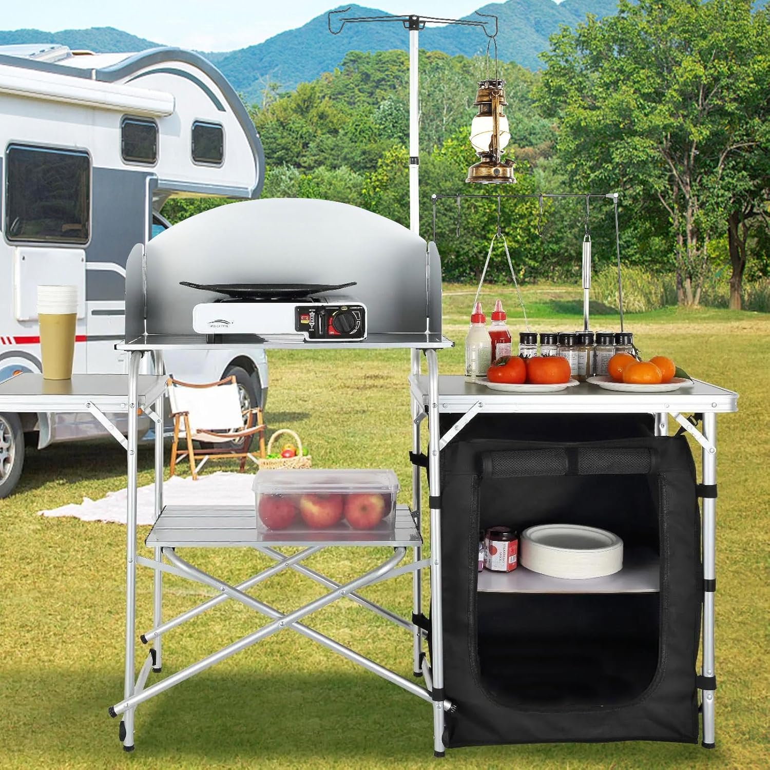Outdoor Camping Table With Storage - Camping Kitchen Table, Folding Outdoor Cooking