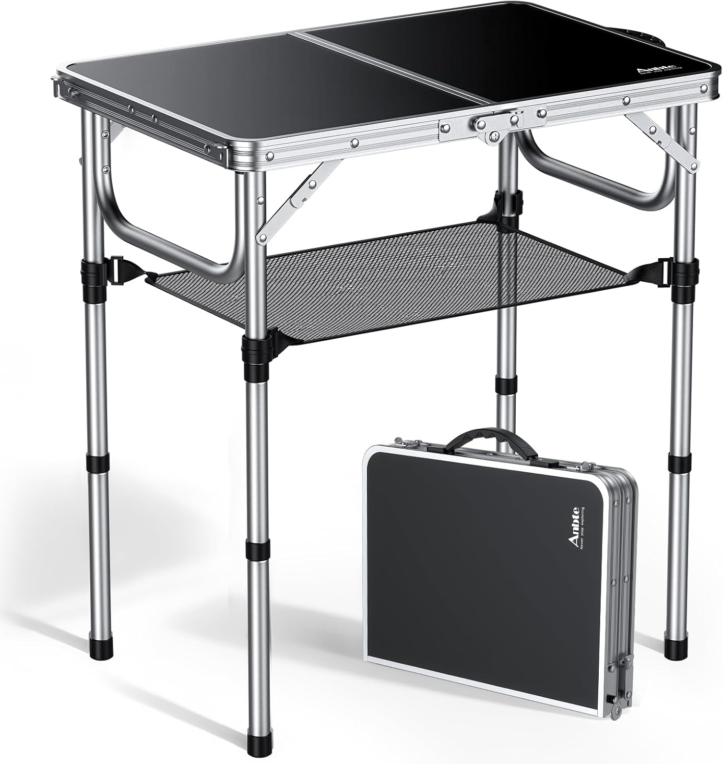 Outdoor Camping Table With Storage - 3-Height Adjustable Folding Camping Table with
